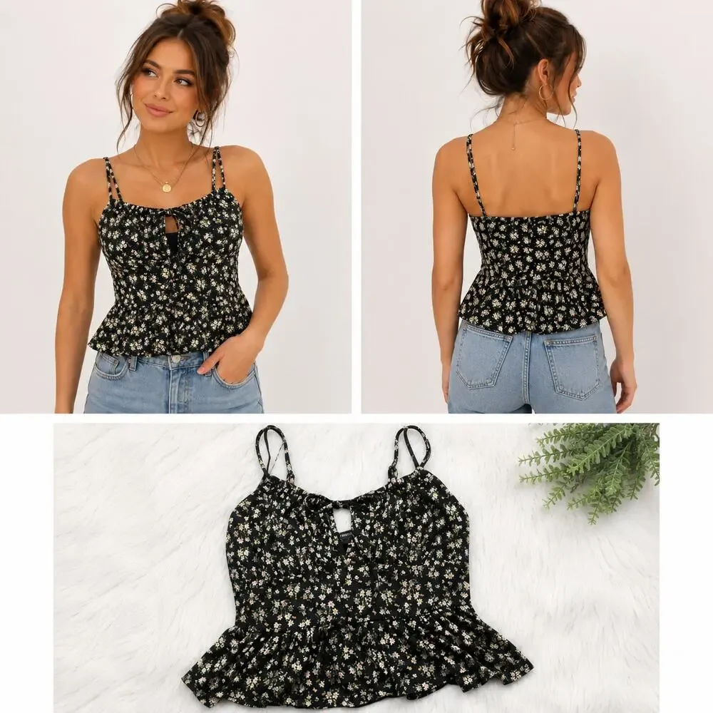 Forever 21 Women’s Small Black Floral Peplum Tie Front Cami Tank Top